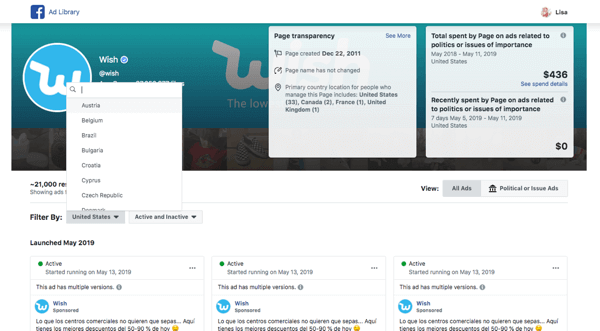 Просматривайте объявления конкурентов на Facebook через их бизнес-страницу или Библиотеку объявлений Facebook